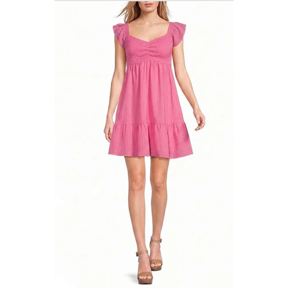 Allison and Kelly Pink Smocked Babydoll Dress Juniors Medium Ruffle Cap Sleeve